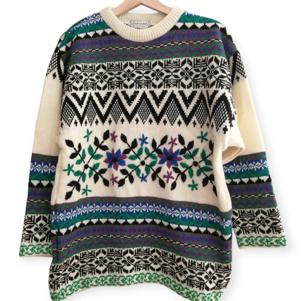 Vintage Embroidered Chunky Knit Sweater Norway Grandma Geometric Floral Medium